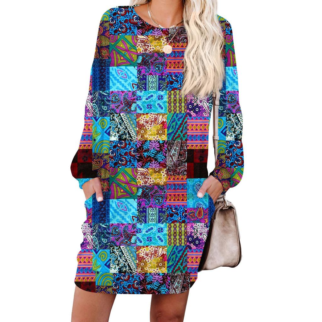 Women's Retro Printed Fashionable Long-sleeved Round-neck Pocket Dress