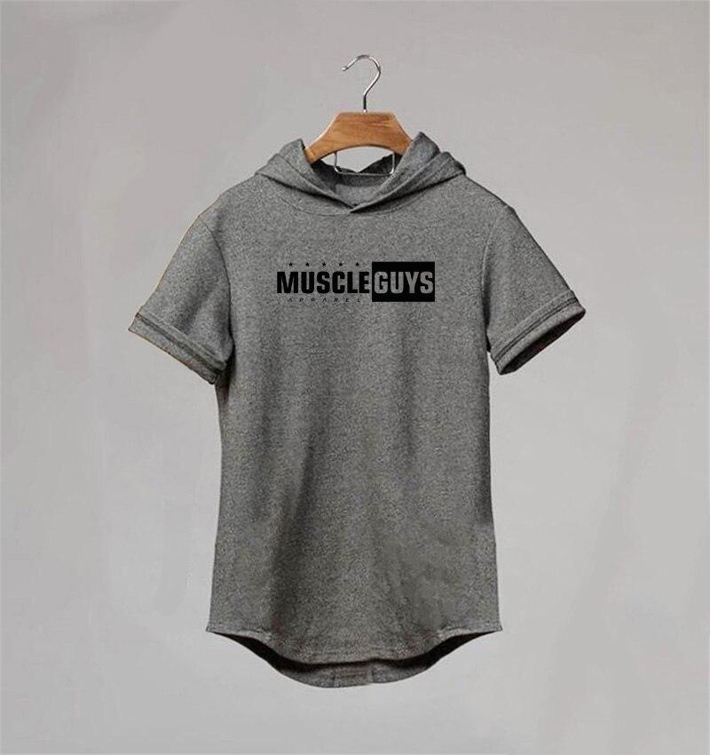 Muscleguys Летняя новая мужская модная футболка с короткими рукавами, хлопковая тенденция, бодибилдинг, фитнес, свитер с капюшоном и половиной рукавов, спортивная футболка с капюшоном