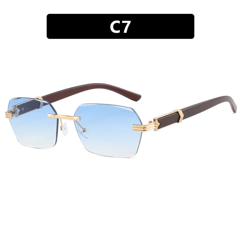 Трендовые безободковые солнцезащитные очки неправильной квадратной формы с маленькими дужками под дерево