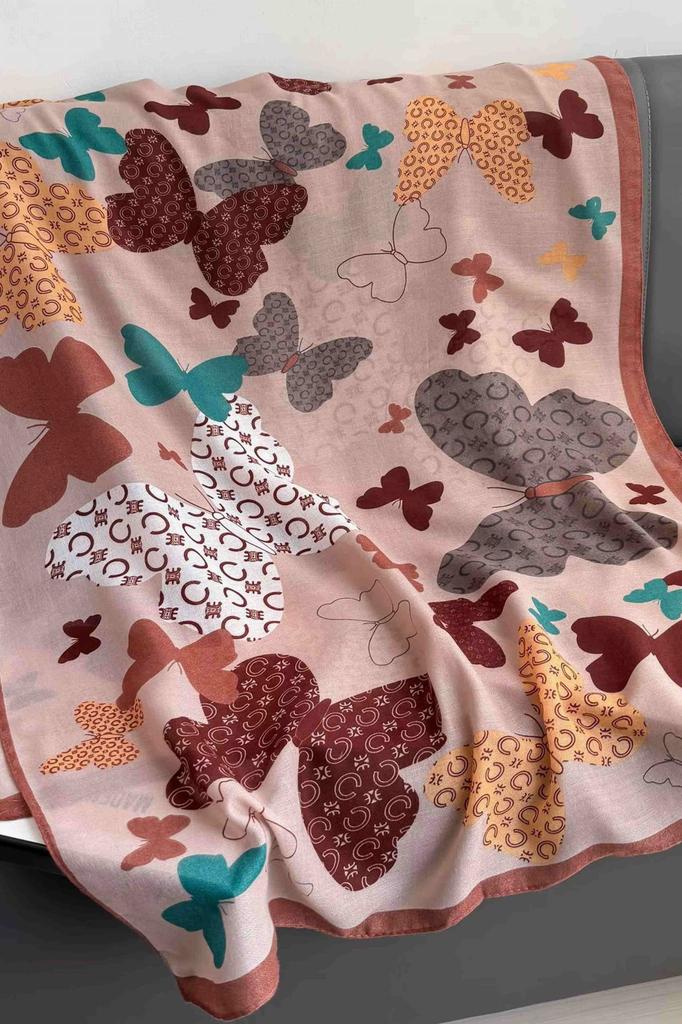 Women' Viscose Scarf 180X85 "Butterflies" - Pastel Shawl with a Boho Style Print