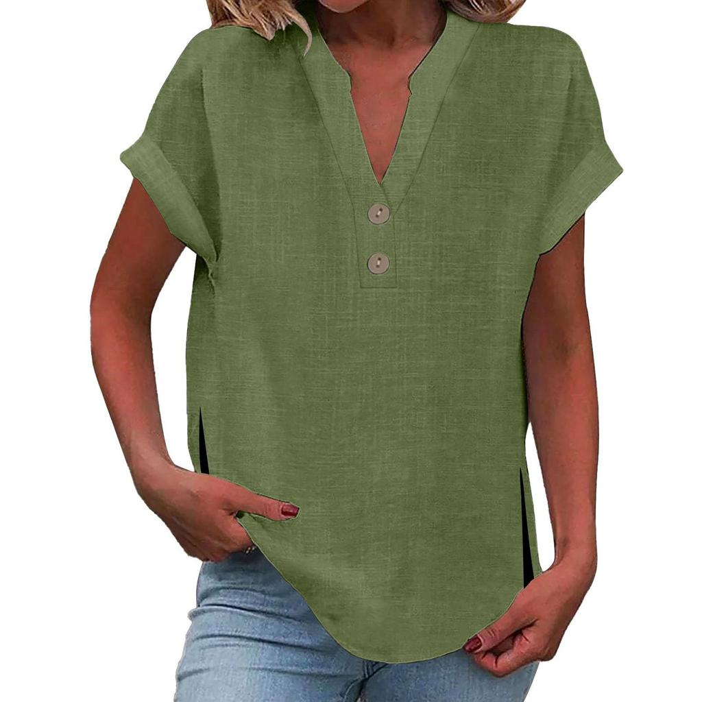 Women's Fashion Casual Solid Colour V-Neck Short Sleeve Button Split Shirt T-Shirt Top
