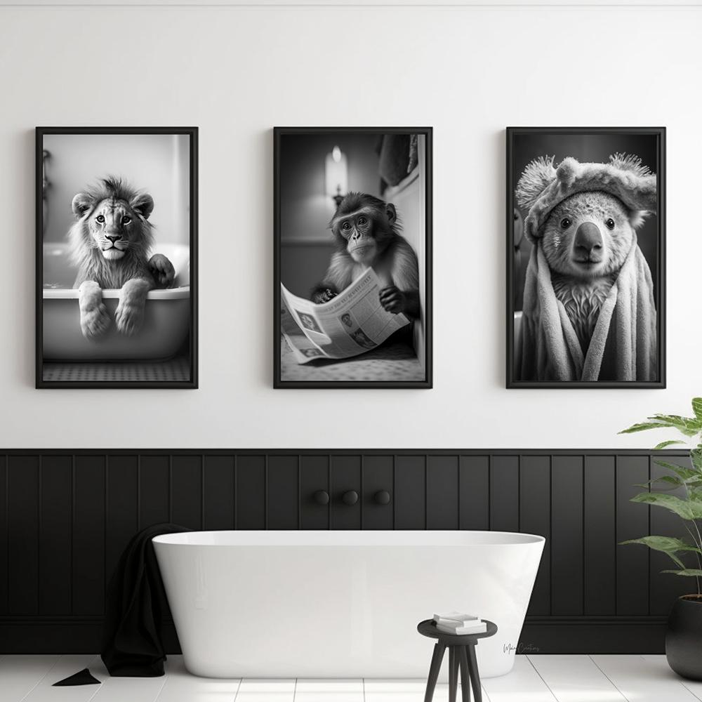 Забавные художественные принты для ванной комнаты, джунгли, животные, туалет, юмор, черный, белый цвет, сафари, животные, холст, картина, фотографии для ванной комнаты, домашний декор
