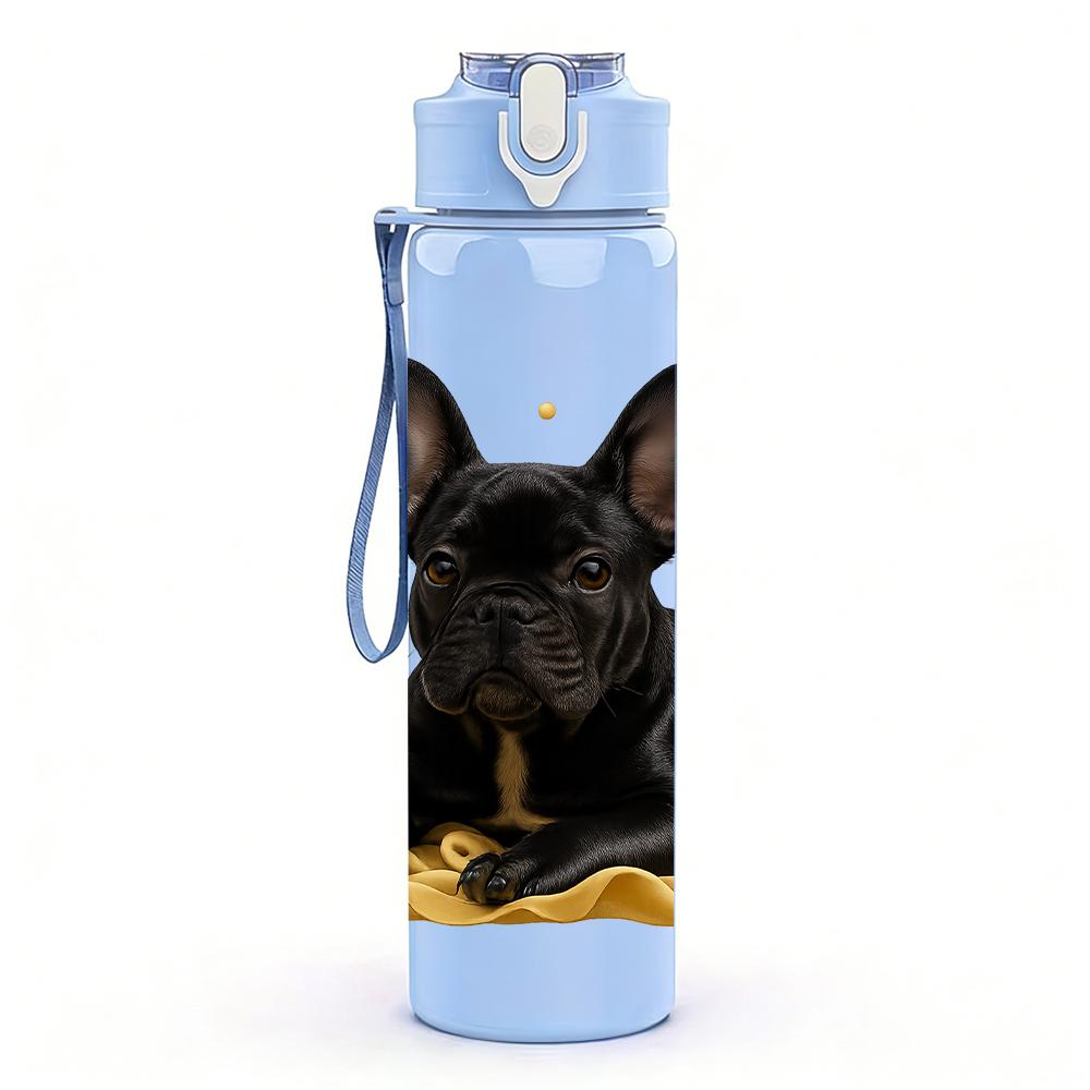 1PC Black French Bulldog Bust 750ml Color Plastic Sports Water Bottle Leakproof Flip Straw Lid For Sports Office Home Use