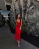 2025 Spring Women's European & American Style Silk Satin Red Heart Neckline Midi Dress