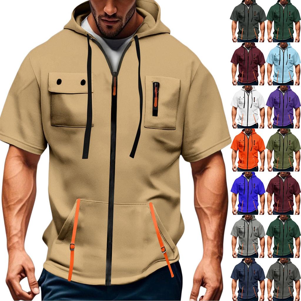 Men's Casual Short-sleeved Sweatshirt. Loose And Breathable Solid-color Sweatshirt Jacket With Multiple Pockets And A Zipper.