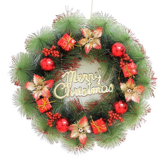 Christmas Wreath for Front Door Artificial Pine Needle Wreath with Balls Bows Flowers Merry Christmas Hanging Decor for Home Wall Window Porch Decor