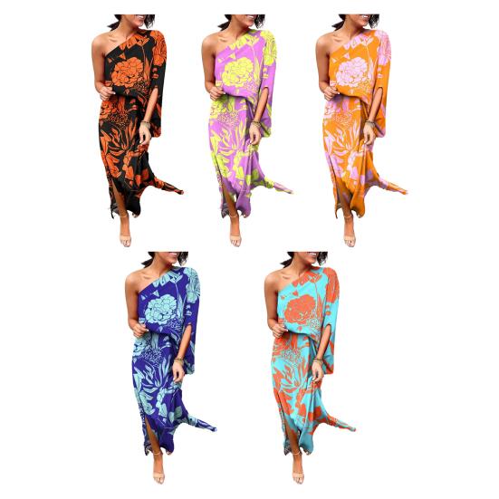 Женское платье макси на одно плечо с рукавами «летучая мышь» и цветочным принтом, длинное платье с разрезом