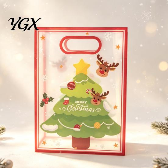 Holiday Party Gift Containers Christmas Bags with Handles, Reusable Clear PP Treat for Candy Apples Cookies, Favor Packaging Ribbon Bow Transparent