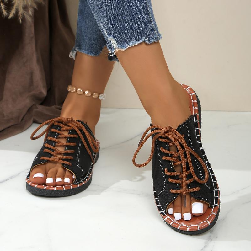 Women's Lace Up Flat Slide Shoes Fashion Peep Toe Summer Shoes Casual Outdoor Beach Slide Sandals