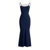 Women's Navy Blue Spaghetti Strap Backless Criss Cross Cut Out Bodycon Maxi Dress Sexy Sleeveless Evening Party Cocktail Formal Dress