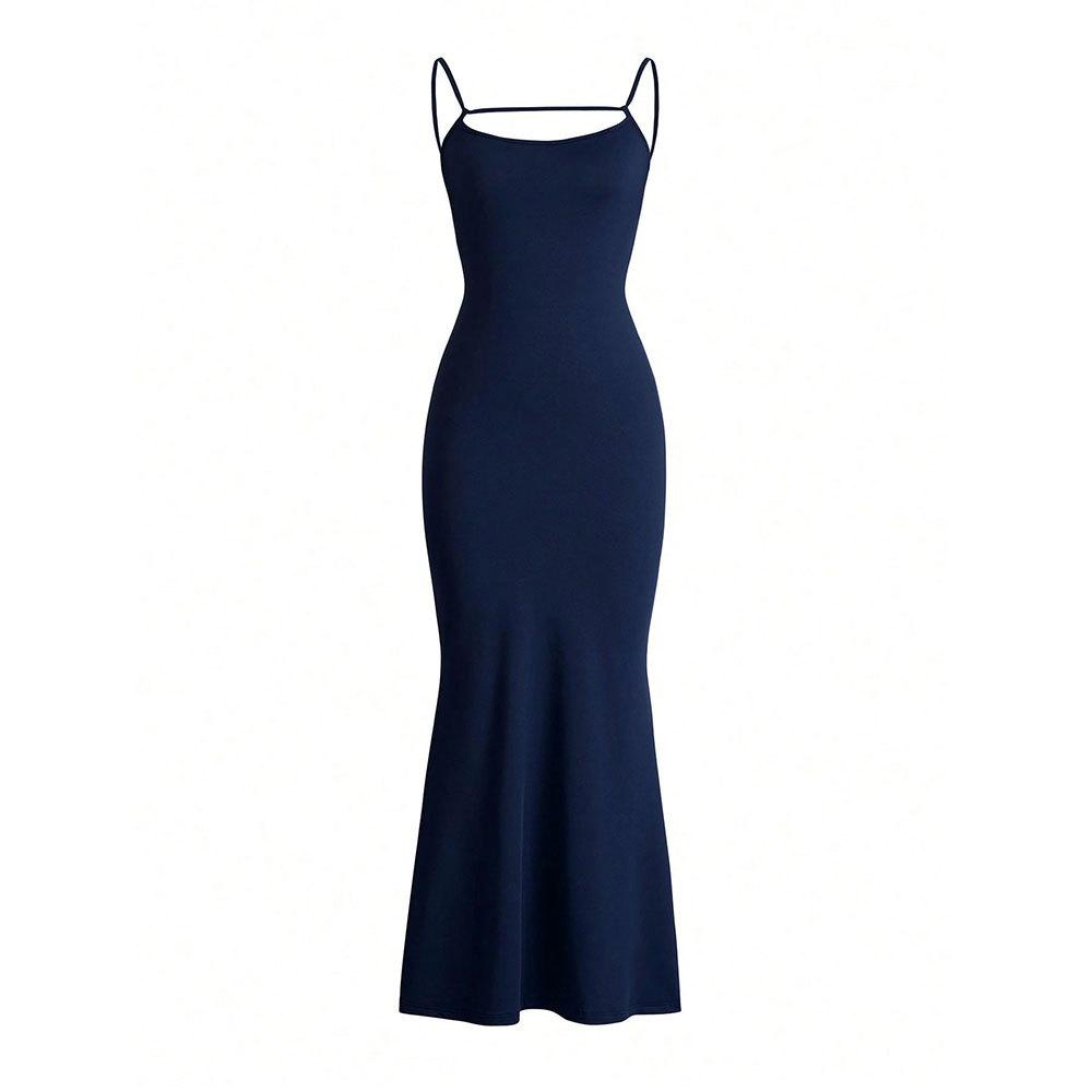 Women's Navy Blue Spaghetti Strap Backless Criss Cross Cut Out Bodycon Maxi Dress Sexy Sleeveless Evening Party Cocktail Formal Dress