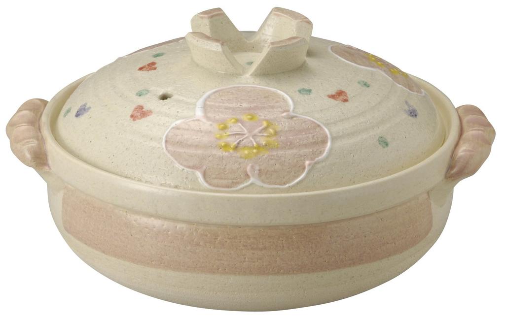 Banko Ware Earthenware Pot (Deep Pot) No. 6, 1-Serving, Pink Flower Pattern, 13694