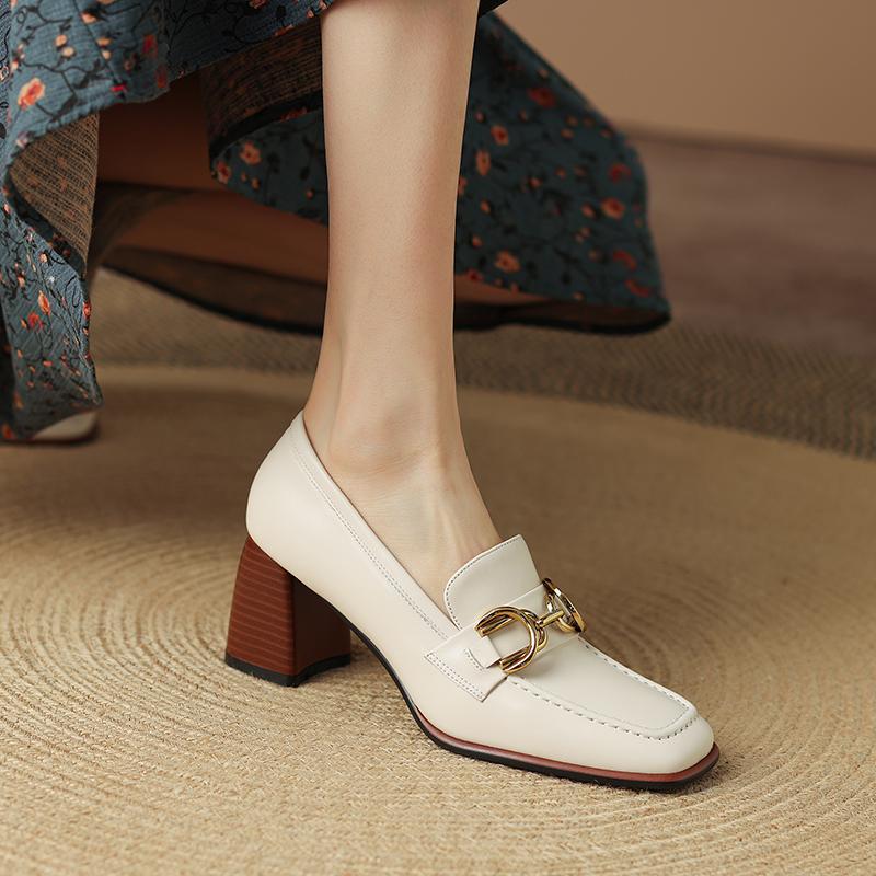 2024 Spring New Genuine Leather Women Shoes Leisure Women Slip-On Shallow Pumps Square Toe Heels Shoes Women Zapatos De Mujer