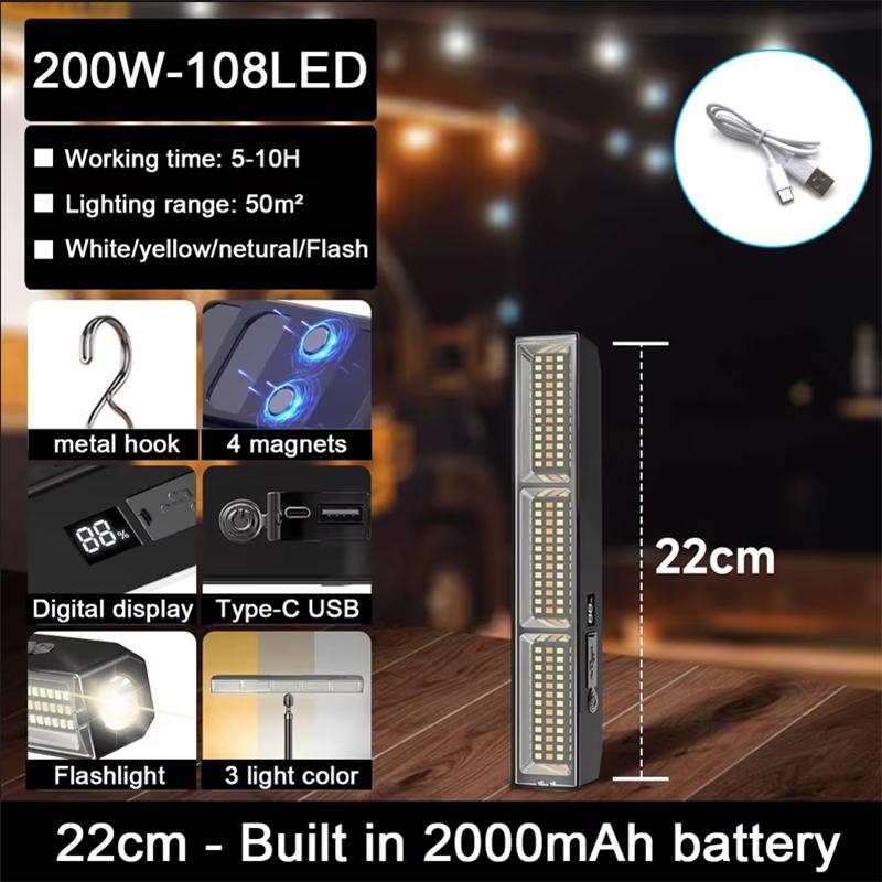 High Power Magnetic LED Light Bar 2026 New Portable USB Rechargeable Work Light 3 Modes IP66 Waterproof Emergency Power Bank