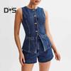 Women Vest Shorts Sleeveless Single-breasted Split Hem Round Neck Buttons Slim Fit High Waist Solid Color Short Pants