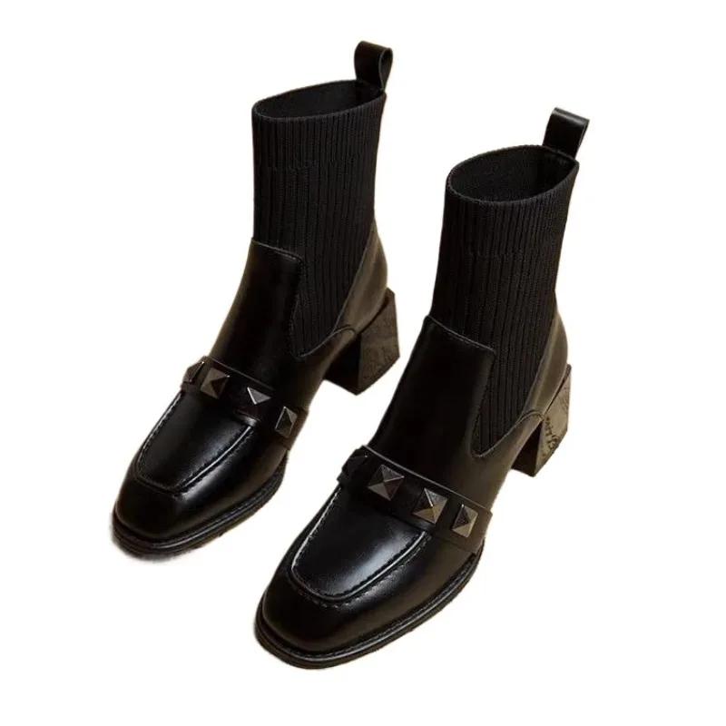 Женская обувь 2024 года, женские ботильоны, элегантные современные ботинки, женские вязаные туфли без застежек на круглом носке, толстые каблуки, женская обувь с заклепками
