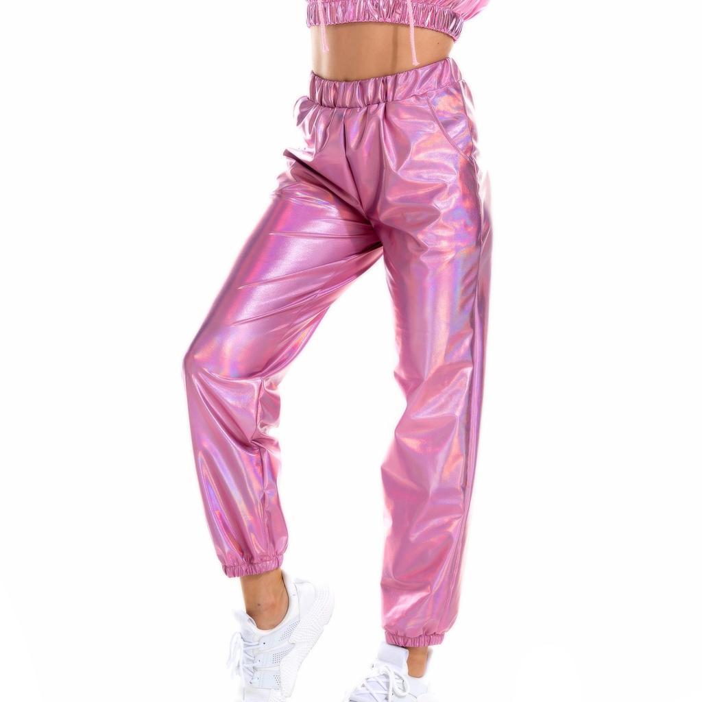 Womens Metallic Shiny Jogger Pants Casual High Waisted Harem Pant Holographic Color Hip Hop Trousers Streetwear