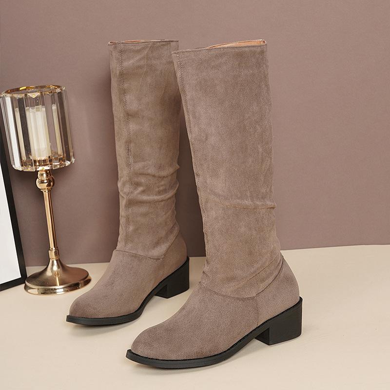 Европейские и американские длинные сапоги 2024 года, осень и зима, новые замшевые сапоги на среднем каблуке со складками, высокие сапоги для женщин Zapatos De Mujer Trafza