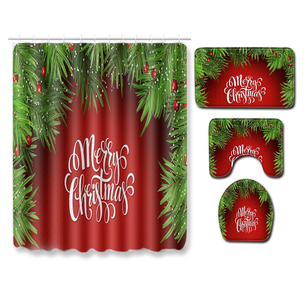 Christmas Shower Curtain Floor Mat Combination Four-Piece Set Bathroom Toilet Carpet Shower Room Mat Foot Mat