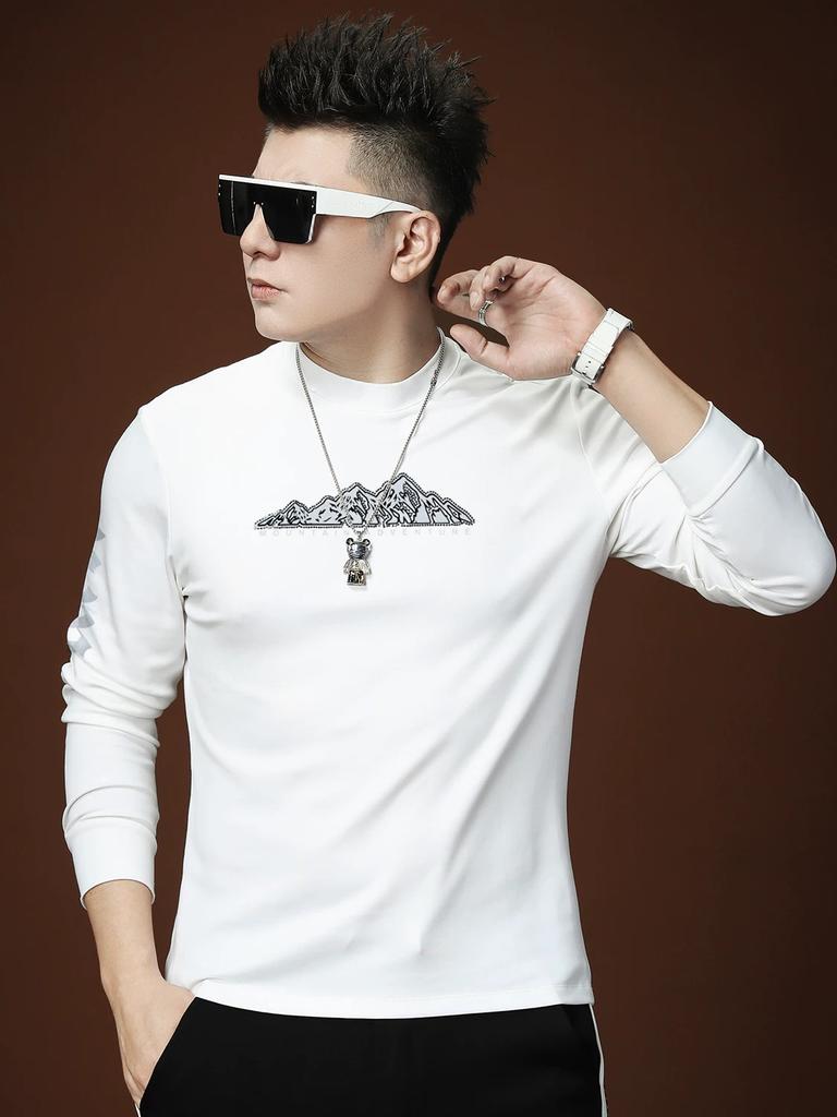 European-Style Men's Long-Sleeve T-Shirt with Lettering and Gold Stamping, 2025 Autumn New Fashion Brand Slim-Fit Top for Men