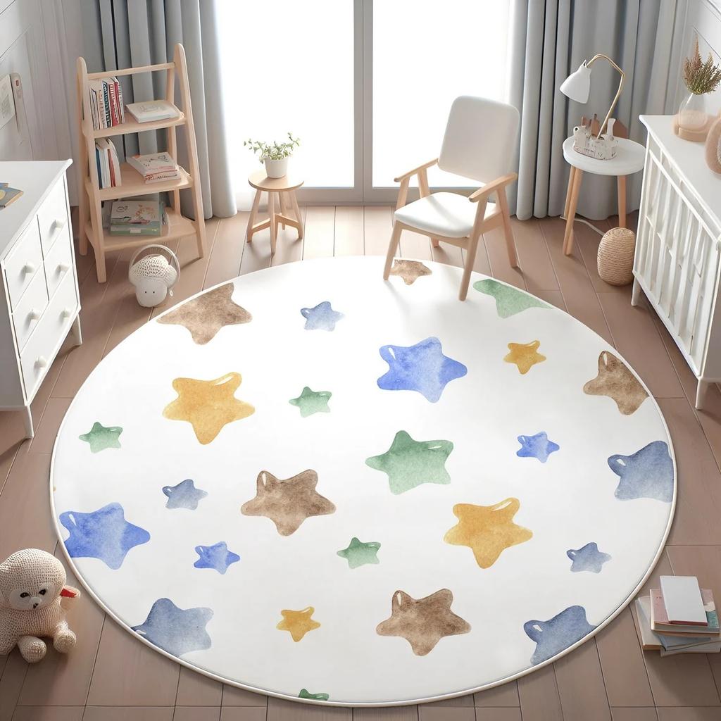 Vibrant Rainbow Polka Dot Smiling Star Round Rug Swivel Chair Floor Mat Table Floor Mat for Fresh Style Toddler Playroom