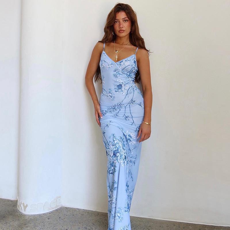 Women's Sexy Floral Print Spaghetti Strap Maxi Dress V Neck Backless Slim Fit Bodycon Long Dress for Summer Vacation Beach Party Date Night Wear