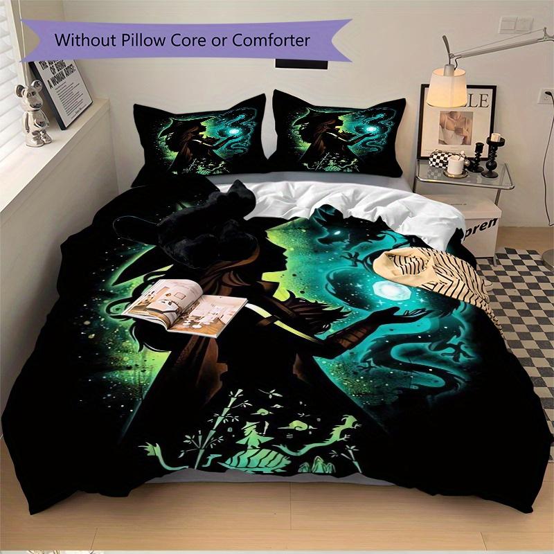 3pcs Witch & Dragon Fantasy Art Printed Quilt Set - Includes 1 Quilt Cover and 2 Pillowcases, Machine Washable - Suitable for All Seasons.S101