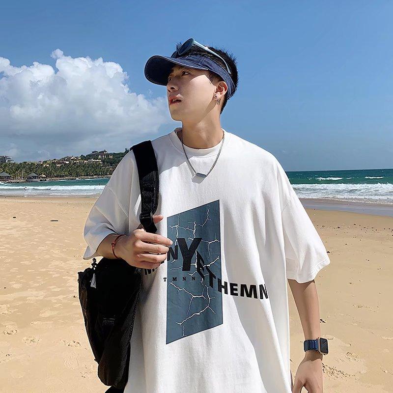 2024 Summer Short Sleeved T-Shirt For Men'S Trendy Five Inch Sleeve Versatile Casual Loose Student Half Sleeved T-Shirt Daily Fashion Printed Top