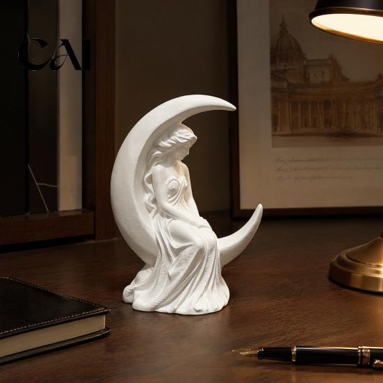 Minimalist Statue for Shelf Display Moon Girl Figurine, 3D Printed Mystical on Crescent Figurine Home Decor Statue, Collectible Sculpture Bedroom