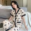 Chic Bow Print Womens Pajama Set Comfortable Short Sleeve V Neck Top and Elastic Waist Pants Luxurious Sleepwear & Loungewear