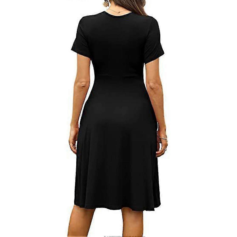 Casual Women's Summer Dress With Pockets V-neck Short Sleeve Midi Dress