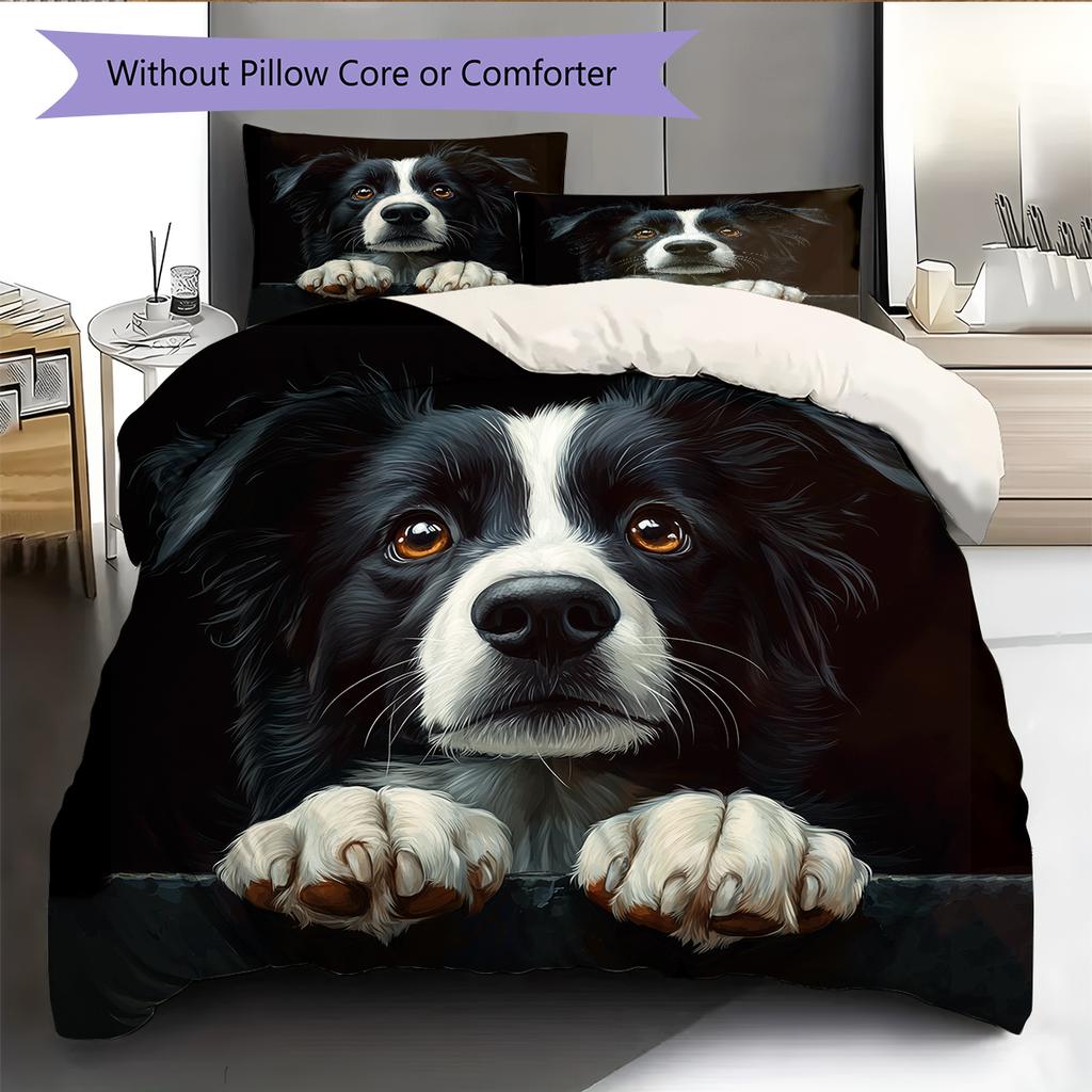 Black Border Collie Pattern Bedding Home Decoration Birthday Gift (1 * duvet cover + 2 * pillowcase, without core)