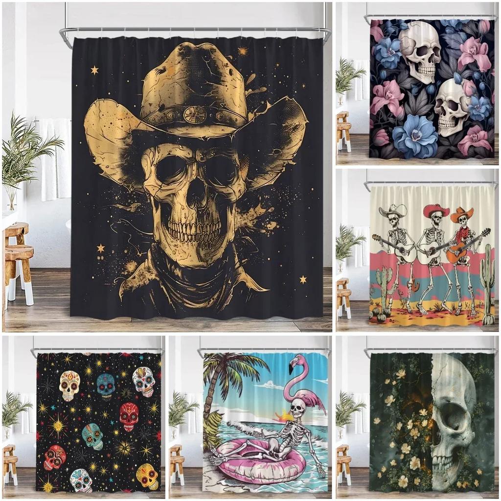 Забавная шторка для душа с костями черепа Хэллоуин Цветок Зеленые листья Украшение для ванной комнаты Винтажный череп Полиэстеровая шторка для душа