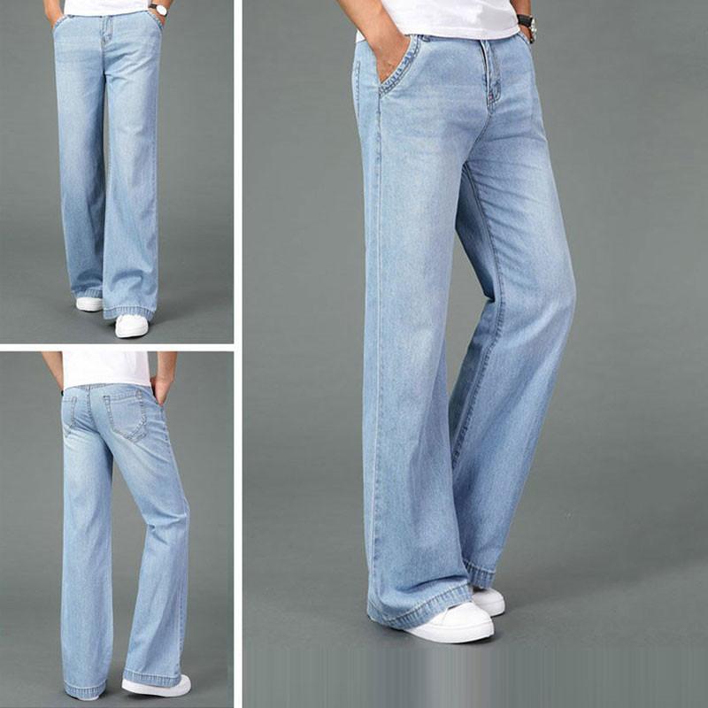 Мужские летние свободные широкие брюки с тонкой средней талией. Мужские свободные расклешенные голубые джинсы.