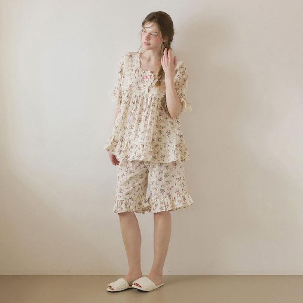 Lunaluz Women Floral Cotton Short Sleeve Square Neck Two Piece Pajamas