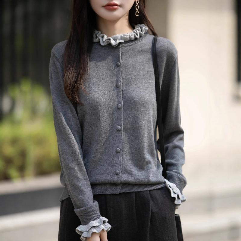 Vintage Ruffled Knit Cardigan Casual Autumn Winter Outerwear