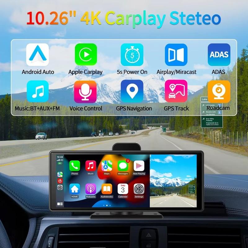 Imagebon 10.26" Dash Cam 4k Wireless Carplay Android Auto Adas GPS Navigation Car DVR Voice Control Dual Recording Cam