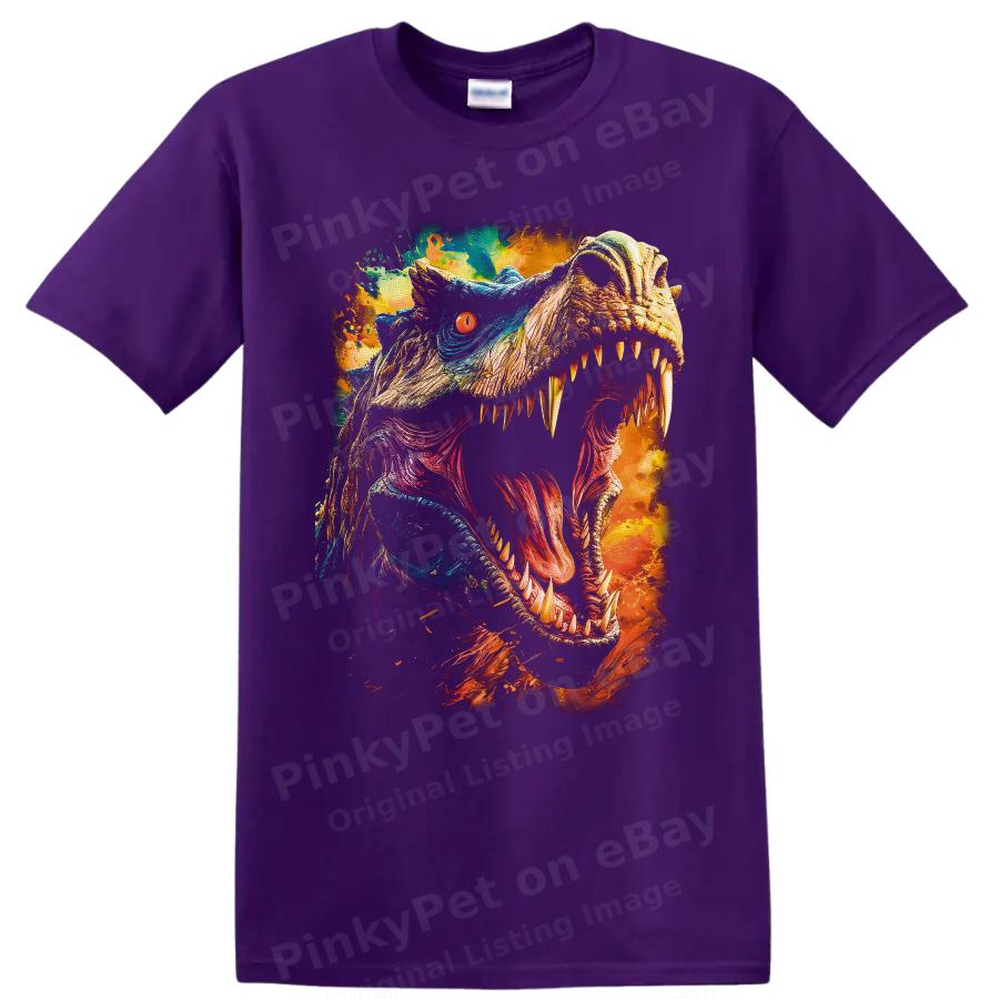 Tyrannosaurus Rex T Shirt Roaring Dinosaur w/ Colorful Neon Fire Art Graphic Tee