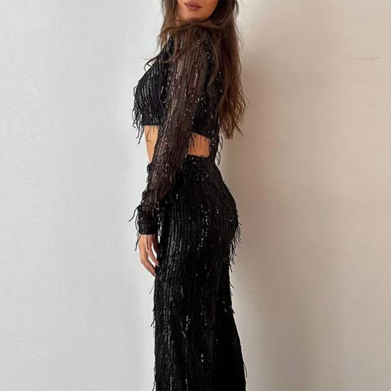 Женский праздничный комплект из 2 шт./компл., укороченный топ с круглым вырезом и длинными рукавами, с кисточками и блестками, высокая талия, широкие брюки, комплект