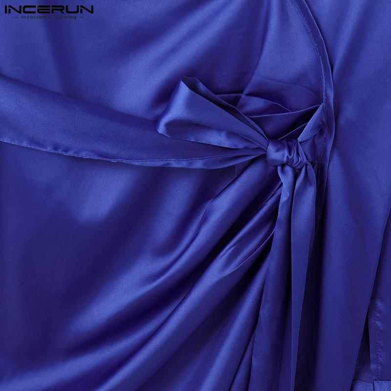 INCERUN Мужские атласные рубашки с длинным рукавом и вырезом, повседневные однотонные топы