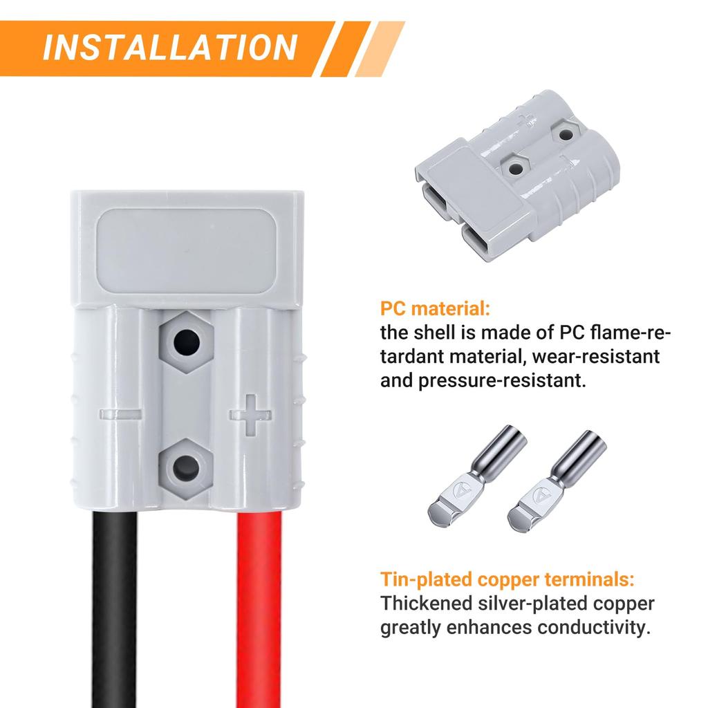 keisnoaja 50 Amp Anderson Connector 6AWG Cable 1M 600V Double Head Grey Quick