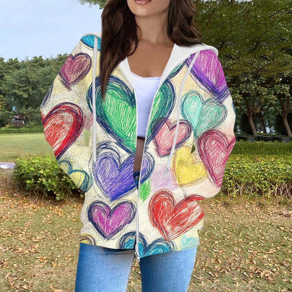 Women's Fashion Casual Long Sleeve Valentine's Day Print With Pocket Zipper Cardigan Jacket