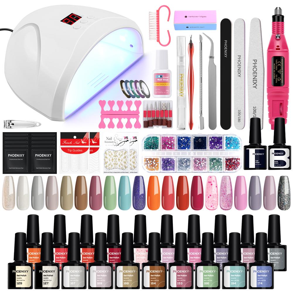 PHOENIXY Набор для дизайна ногтей 20 цветов гель-лака для ногтей с лампой для ногтей 36 Вт и инструментами для ногтей Полный набор для маникюра для дизайна ногтей