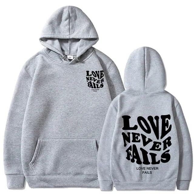 Love Never Fails Print Letter Hoodies Unisex/Women Sweatshirt Black Autumn Vintage Oversized Harajuku Loose Tops Casual Pullovers