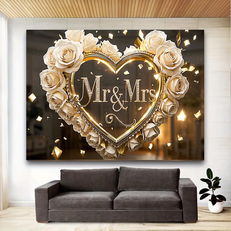 1 шт. Свадебный фон Mr&Mrs с белыми розами и золотыми сердцами, настенный декор для фотосъемки, вечеринки, плаката на день рождения, годовщину для улицы и помещения