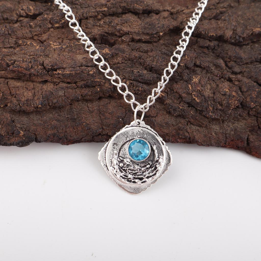 Swiss Blue Topaz Pendant Gemstone, 925 Solid Sterling Silver Pendant Jewelry, Handmade Pendant, Silver Jewelry For Gift