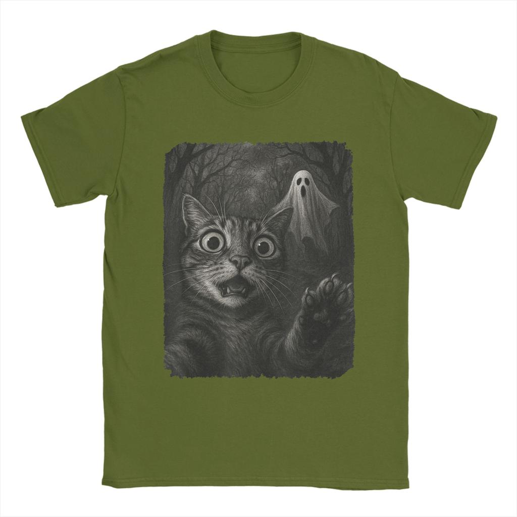 Men T-Shirt Cat Selfie with Spooky Ghost Funny 100% Cotton Tee Short Sleeve Funny Halloween T Shirts Round Neck Clothes Graphic