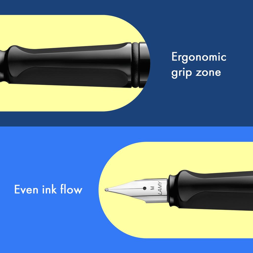 Lamy Safari Черный Глянцевый Черный Цвет Эргономичная Рукоятка и Полированная Сталь Размер F Идеально Подходит для Письма и Каллиграфии Включает Картридж с Чернилами LAMY T10 Синий