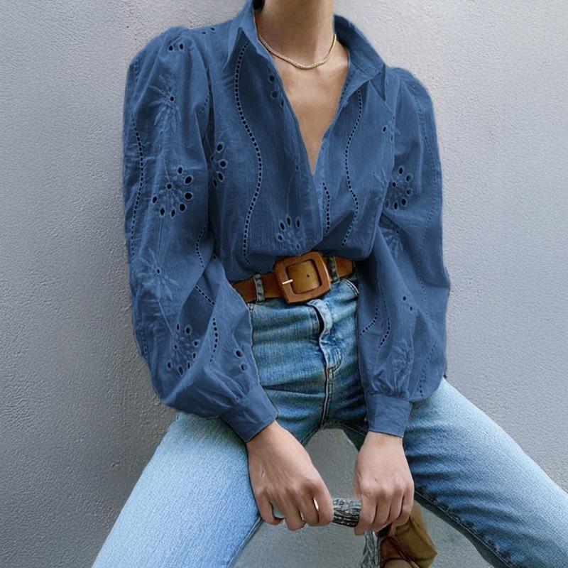 Elegant Loose Fashion Lace Women Shirt Casual Hollow Out Puff Long Sleeve Top Single-breasted Office Blouse Solid Sweet Simple Lapel Women's Clothing