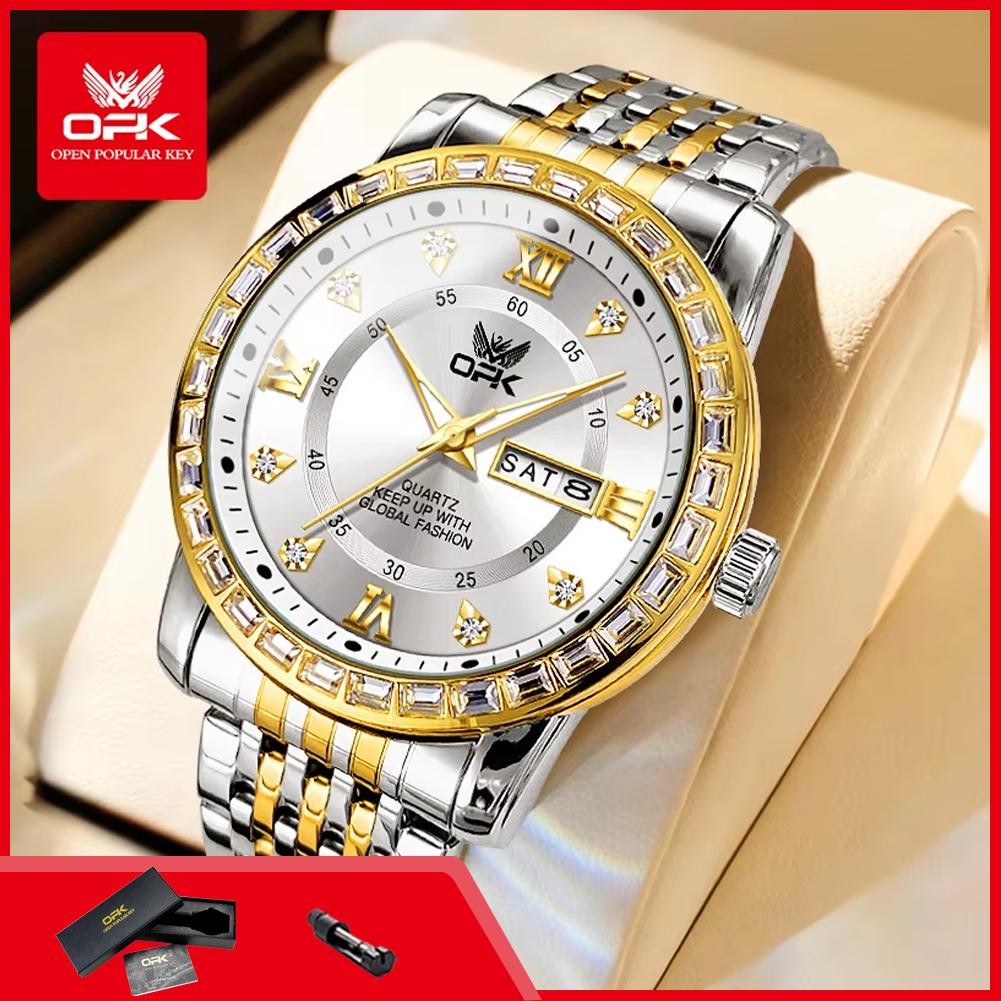 OPK 8174 Quartz Watches for Men Fashion Diamond Bezel Auto Date Week Waterproof Luminous Classic Business Men's Wristwatches